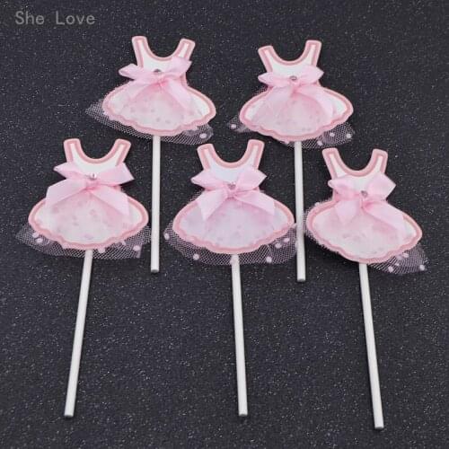 Chzimade 5pcs Pink Girls Dress Cupcake Toppers Baby Shower Birthday Party Favors Decoration Supplies