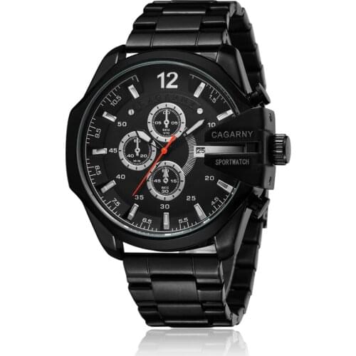 Cool Big Case Watch Men Luxury Brand Cagarny Quartz Mens Wrist Watches Male Clock Black Steel Waterproof Military Reloj Hombre
