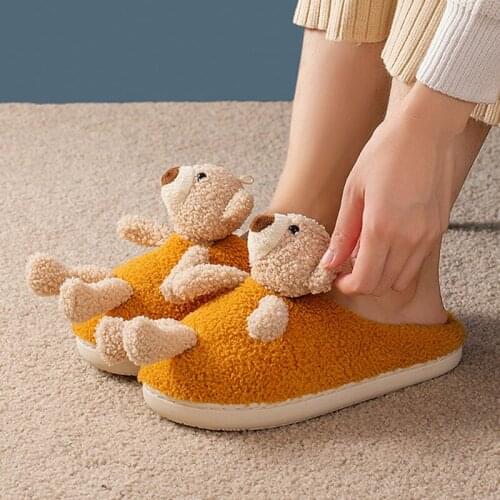 3D Cartoon Bear Home Women Fur Slippers Winter Warm Plush Bedroom Ladies Flat Shoes Comfortable House Couples Furry Slippers