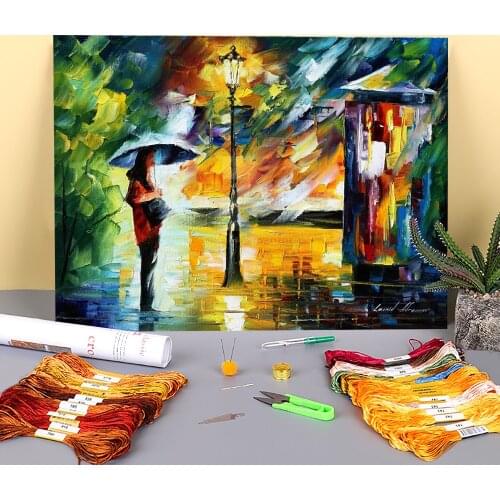 Oil Painting Style Bus Stop Printed Water-Soluble Canvas 11CT Cross-Stitch Patterns DIY Embroidery DMC Threads Mulina
