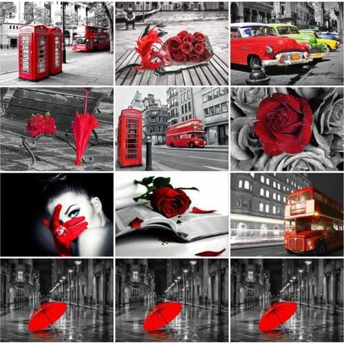 Paint With Diamond Painting Cross Stitch Red Rose Woman Street Full Square Drill DIY Diamond Embroidery Picture Rhinestone Art