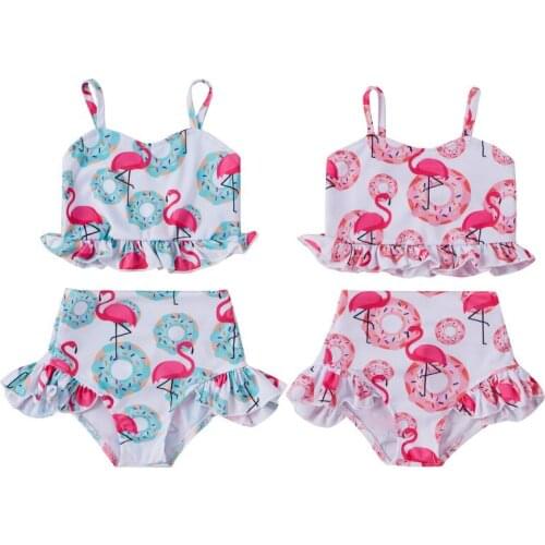 Infant Baby Two-piece Swimsuits Flamingo Print Swimwear Kids Girl Sling Tops and Panty Ruffles Swimming Suit Baby Girl Beachwear