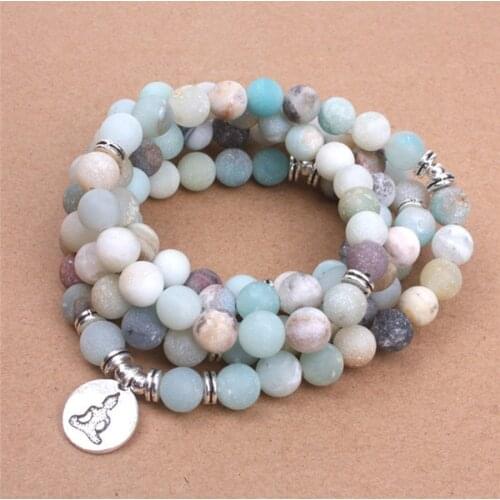 Fashion Women Bracelet Matte Frosted Amazonite Beads With Lotus OM Buddha Charm Yoga Bracelet Mala Necklace