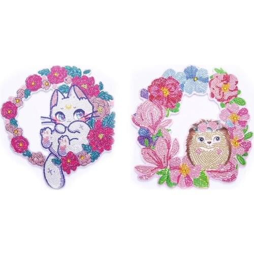 2PCS 5D Diamond Painting Kits Animals Cute Kitten And Hedgehog Diamond Art Kit Wreath Set For Adults Kids Beginners