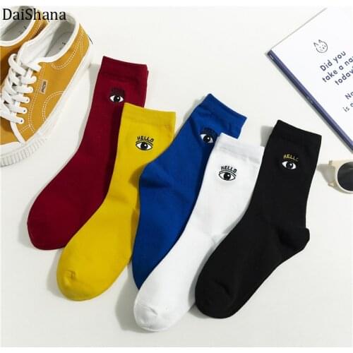1Pairs Girls Socks Harajuku Socks Style Embroidery Eyes Cute Socks Funny Tube Sock Kawaii Cartoon Cotton Socks Gifts Meias Mujer