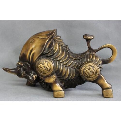 Song voge gem S2479 12" Chinese Bronze Zodiac Wealth Wang Cai RuYi Bull Ox Statue Animals Sculpture