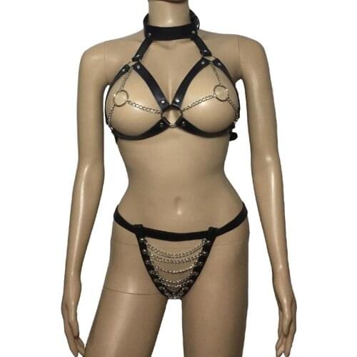Sexy Women PU Leather Strap Metal Chain Bikini Set Open Body Bra Top G-String Harness Restraint Fetish Costume