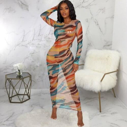 See Through Mesh Transparent Dress Women Tie Dye Print Night Party Dress Club Wear Gradient Color Long Sleeve Dress