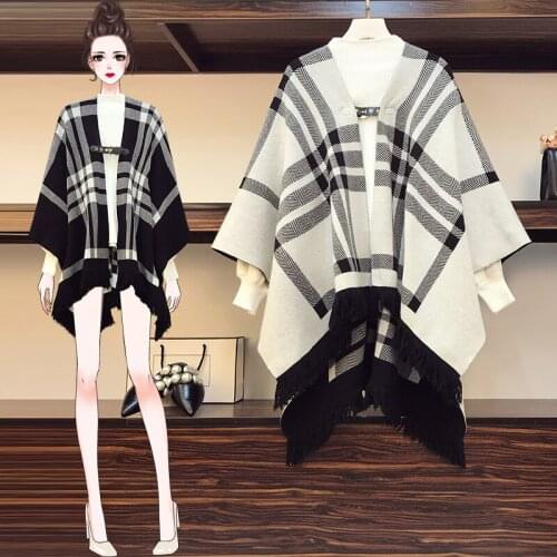 Real shot 2021 autumn and winter Plaid shawl coat with cape on both sides and knitting on both sides