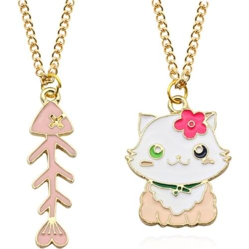 DIY Anime Fashion Cat Fish Bone Pendant Cartoon Enamel Necklace Necklace Gold Chain Cartoon Cat and Fish Party Birthday Gift
