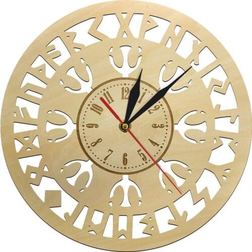 Viking Symbol Wooden Wall Clock Vegvisir Compass Handmade Art Viking Runic Compass Talisman Non-ticking Clock Room Wood Decor