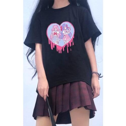 Summer Japan Cartoon Shinjuku kawaii Cute Sweet Pink E-Girl Streetwear Y2k Harajuku casual Tops Vintage Chic Loose Women T-shirt