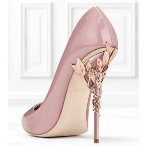 Gold Leaves Pumps Metal Heel Pink Blue Patent Leather Stiletto Heels Dress Shoes Pointed Toe Wedding Bride Shoes Customized