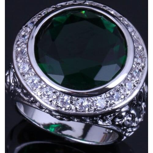 Unique Big Round Green Cubic Zirconia White CZ Silver Plated Ring V0564