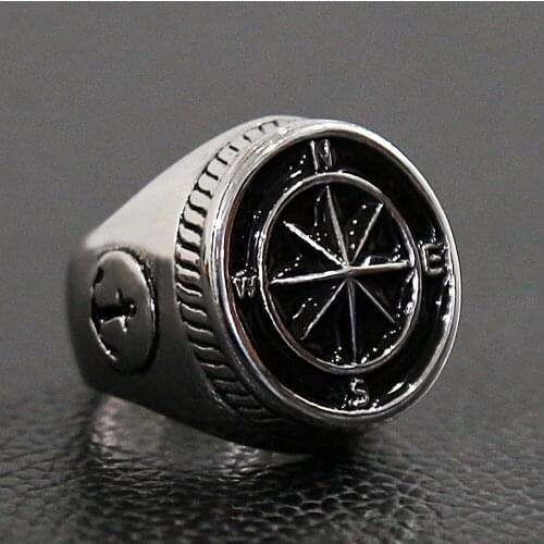 Vintage Viking Pirate Cross Compass Ring Heavy Silver Color Stainless Steel Anchor Ring Men Women Punk Motorcycle Biker Jewelry