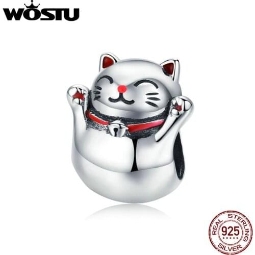 WOSTU Fortune Cat Beads 925 Sterling Silver Enamel Charm Fit Original DIY Bracelet Lucky Silver 925 Jewelry Making CQC1178