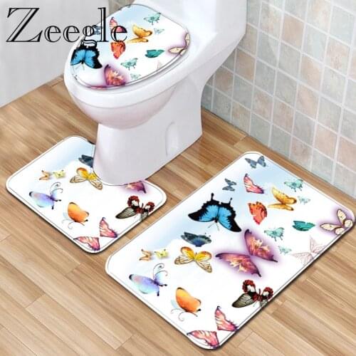 Zeegle 3Pcs Bath Mat Set Anti-slip Bathroom Carpets Toilet Mat Foot Rug Printed Washable Bathroom Carpet Set Shower Rug