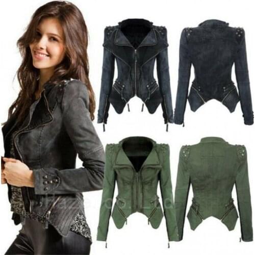 S-6Xl Women Rock Punk Rivet Studded Denim Jean Slim Jacket Coat Plus Size Leisure Time Personalized Long Sleeve Street Hot