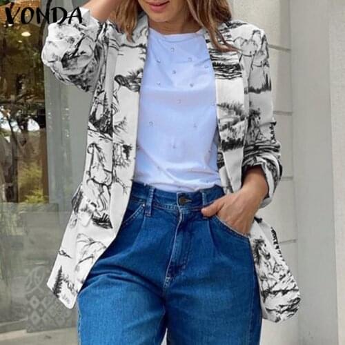 Women Blazers 2021 VONDA Casual Turn Down Collar Blazers Ladies Long Sleeve Vintage Printed Outerwear Femme Coats Oversized