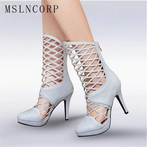 Plus Size 34-43 women sandals Sexy Cutouts Open Fashion high heels Mid-Calf Cool boots summer Gladiator Party Wedding shoes pump