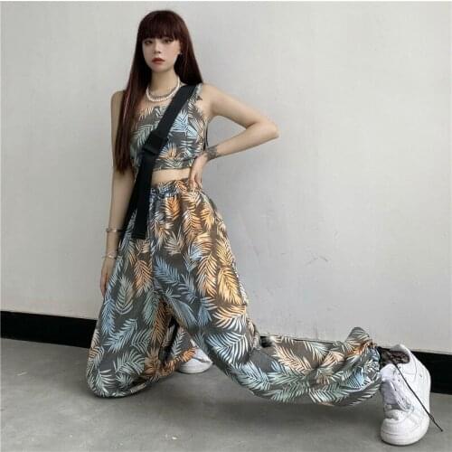 Summer Y2k Pattern Two Piece Suits Women European American Streetwear Strap Cropped Tops+loose Wide Leg Pants Sets Woman