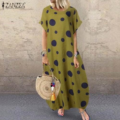 2021 Summer Bohemian Polka Dot Print Long Maxi Dress Women Vintage Short Sleeve Baggy Vestido Robe Party Beach Sundress Kaftan