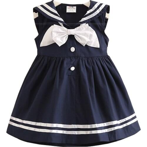 2022 Summer 2-10 Years Children Sweet Sleeveless Vest Bow Sailor Collar Navy Blue White Patchwork Little Kids Navy Girls Dress
