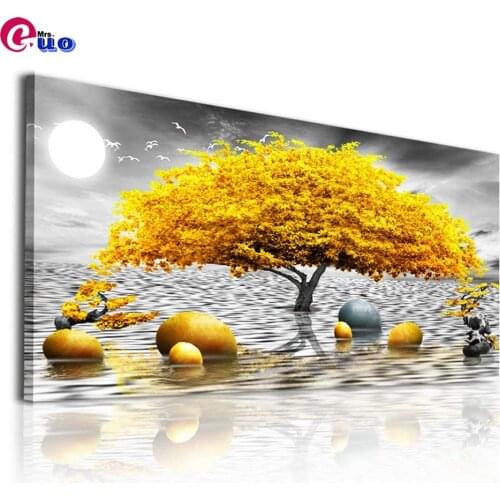 Yellow Tree Lake View 100% Drill Round square Diamond Painting Diamond Mosaic Large Size Home Decoration Picture Of Rhinestone