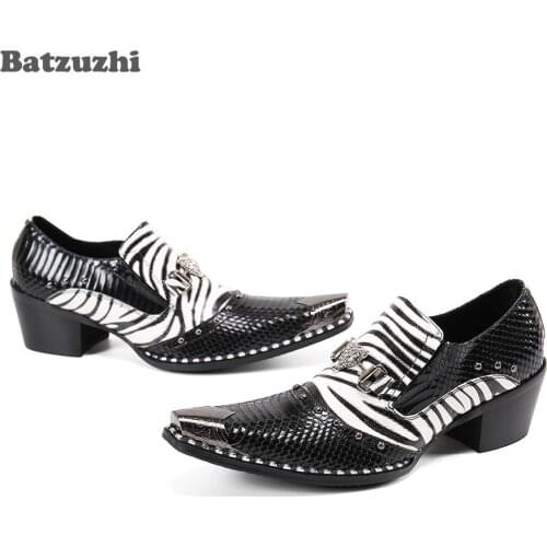 Batzuzhi New Designers Shoes Pointed Metal Tip Formal Business and Party Black White Genuine Leather Dress Shoes for Men,38-46