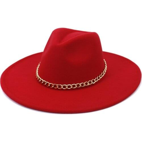 Chain Women Men Wool Vintage Gangster Trilby Felt Fedora Hat With Wide Brim Gentleman Elegant Lady Winter Autumn Jazz Caps 60CM