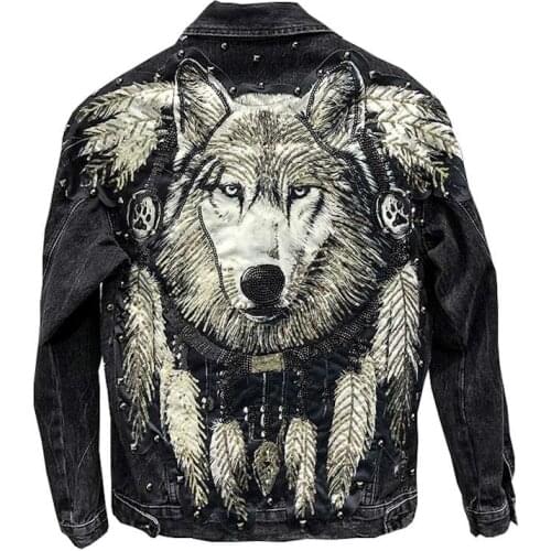 Mens patch embroidered denim jacket spring and autumn wolf jacket personality trend wear broken street jacket