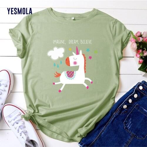 YESMOLA Unicorn T-shirt Letter Printed Imaging Dream Believe T Shirts for Teen Girls Street Wear Women Tshirt Ladies Tee Shirt