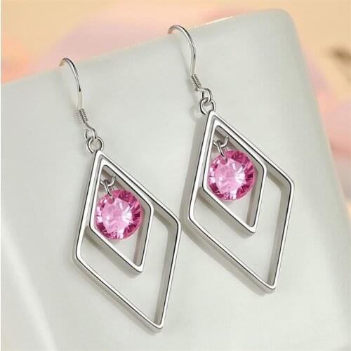 New Arrival Lady Silver 925 Earrings For Women Accessories Trendy Crystal Pink Geometric Earring Female Jewelry Girls Ear Bijou