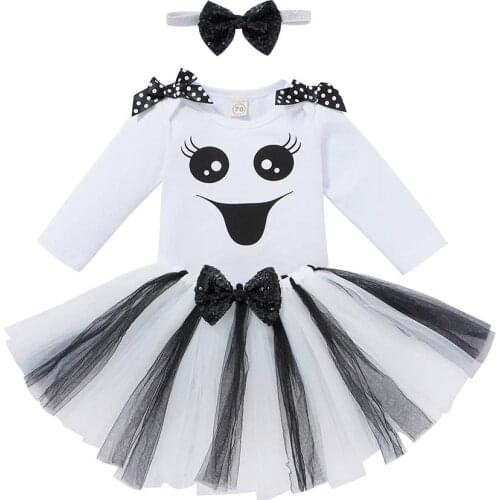 3Pcs Halloween Infant Baby Girls Clothing Set 2021 Winter Flying Sleeves Romper Bow Skirt Headband Newborn Baby Clothes Outfits