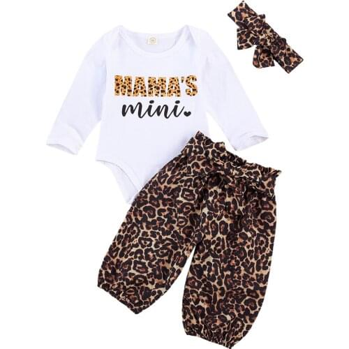 0-18M Fashion Newborn Baby Girls Clothes Sets Letter Leopard Print Long Sleeve Romper Tops Pants Headband 3pcs