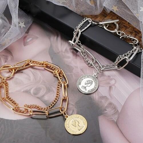 Multilayer Chunky Chain Bracelet Vintage Gold Silver Color Portrait Coin Cross Pendant Bracelet For Women Fashion Party Jewelry