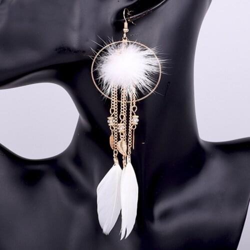 Fashion bohemian drop earrings statement luxury long Tassel feather earring crystal Pompom hanging for women Fluff Leaf jewelry