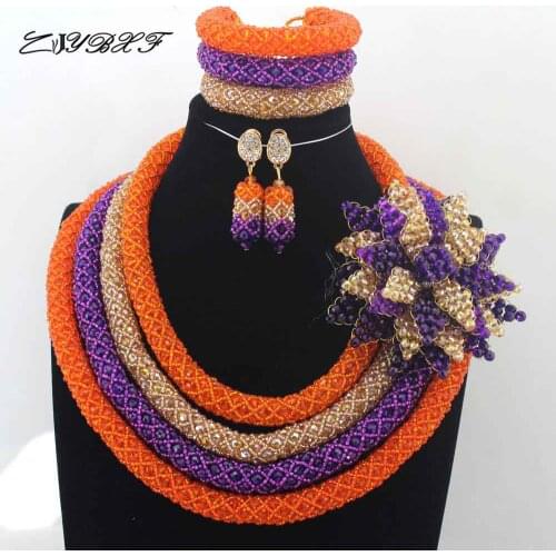 Fashionable New Orange Purple Gold Crystal African Jewelry Set Big Flower Pendant Engagement Necklace Set Free Shipping L0064