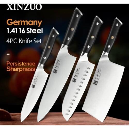 XINZUO 4PCS Chef Cleaver Santoku Utility Knives Set High Carbon Din 1.4116 Stainless Steel New Kitchen Knives with Ebony Handle