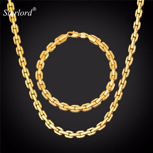 Starlord Mens Bracelet&Necklace Set Men Cable/Rolo 7mm Chain Men Costume Jewelry Trendy Gold Color Jewelry Sets 2017 NH2597