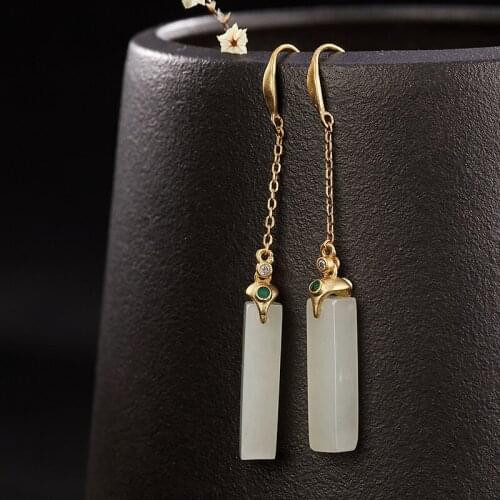 Natural 925sterling silver inlaid geometric hetian jade earrings, white jade ladies, temperament earrings women earrings jewelry