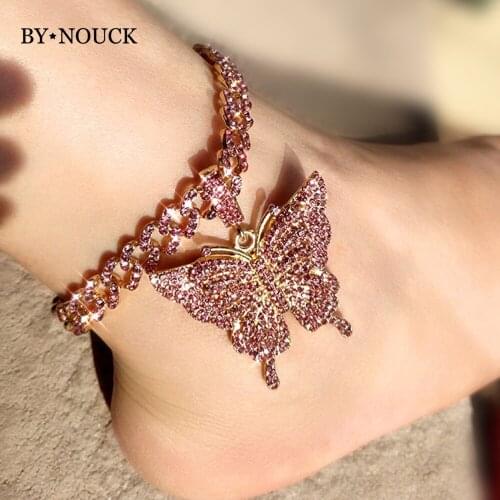 Punk Full Rhinestone Paved Butterfly Chunky Anklets for Women Bling Mimai Cuban Link Anklet Bracelet On The Leg Rock Jewelry New