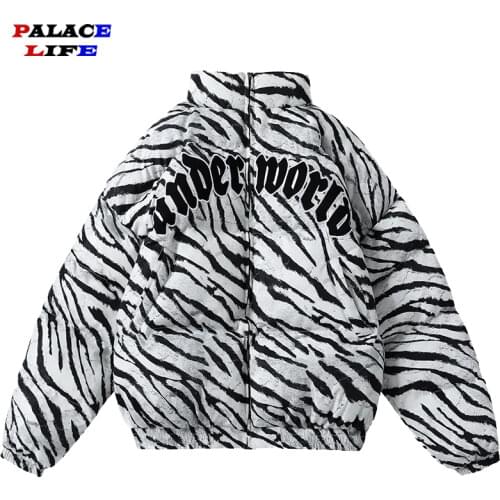 Men Parka Jacket Zebra Print Embroidery Harajuku Jacket Cotton Padded Zipper Parka Coats Winter Streetwear Warm Tops Outwear