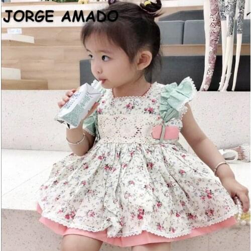 2021 Hot Sale New Summer Kids Girls Dress Square Collar Fly Sleeves Floral Princess Dresses Cute Style Preschool Clothes E1212