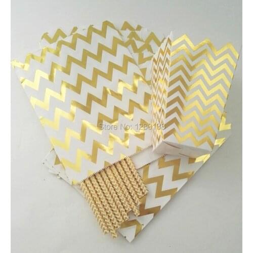 Gold Favor Gift Candy Paper Popcorn Boxes,Chevron Striped Dot Printed Party Treat Bags,Shimmer Gold Drinks Decor Paper Straws
