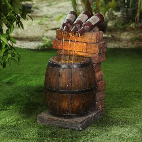 Resin Wine Bottle and Barrel Outdoor Water Fountain Sculpture Rustic Yard & Garden Waterfall Decoration JS22