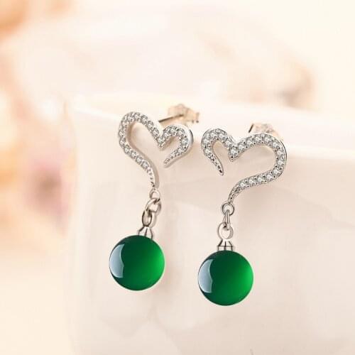 925 Silver Jade Heart Earring Natural Green Chalcedony Agate Fashion Charm Jewelry Carved Amulet Gifts for Her Women