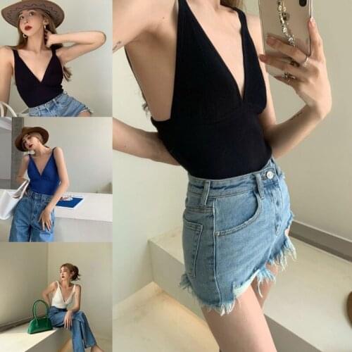 066C Women Summer Sleeveless Crop Tank Top Sexy Deep V-Neck Low Cut Backless Knitted Camisole Solid Color Slim Basic Shirts