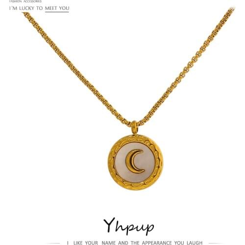Yhpup Exquisite Moon Natural Shell Collar Necklace Women Stainless Steel Metal Gold Color Chain Necklace Collane Donna Statement