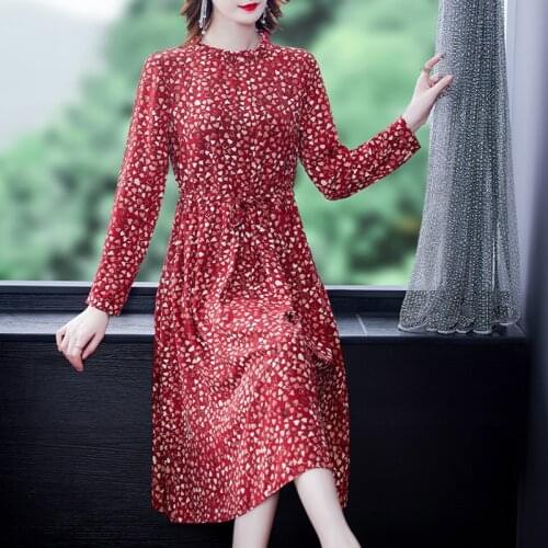 2021 Spring Vintage Red Print Beach Midi Dress Autumn Floral 4XL Plus Size Long Sleeve Dress Elegant Women Bodycon Party Vestido